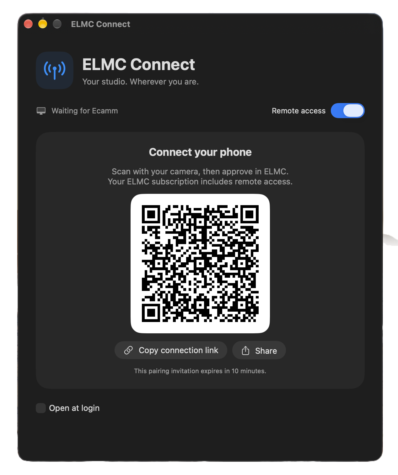 ELMC Connect showing remote access and phone pairing on Mac